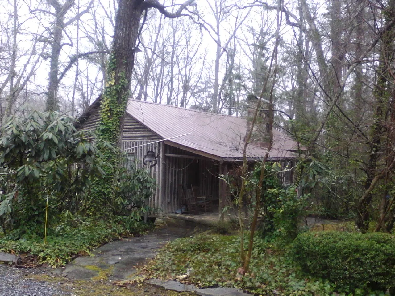 Weathered metal roof on an old board sided cabin in the woods in Kyles Ford